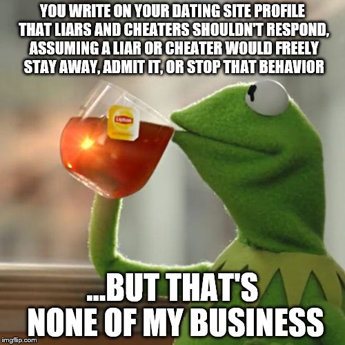 But That's None Of My Business Meme | YOU WRITE ON YOUR DATING SITE PROFILE THAT LIARS AND CHEATERS SHOULDN'T RESPOND, ASSUMING A LIAR OR CHEATER WOULD FREELY STAY AWAY, ADMIT IT | image tagged in memes,but thats none of my business,kermit the frog,dating,dating sucks | made w/ Imgflip meme maker