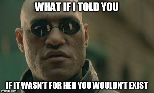 Matrix Morpheus Meme | WHAT IF I TOLD YOU IF IT WASN'T FOR HER YOU WOULDN'T EXIST | image tagged in memes,matrix morpheus | made w/ Imgflip meme maker