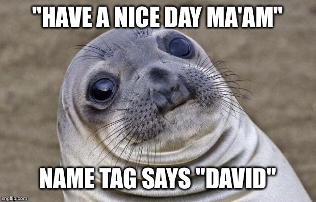 Awkward Moment Sealion | "HAVE A NICE DAY MA'AM" NAME TAG SAYS "DAVID" | image tagged in memes,awkward moment sealion | made w/ Imgflip meme maker