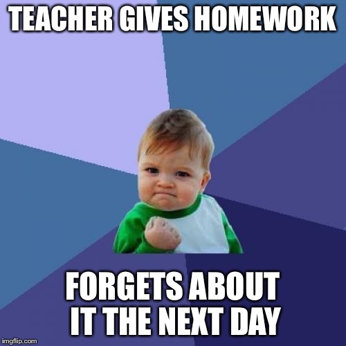 Success Kid Meme | TEACHER GIVES HOMEWORK FORGETS ABOUT IT THE NEXT DAY | image tagged in memes,success kid | made w/ Imgflip meme maker