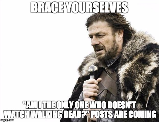 Brace Yourselves X is Coming | BRACE YOURSELVES "AM I THE ONLY ONE WHO DOESN'T WATCH WALKING DEAD?" POSTS ARE COMING | image tagged in memes,brace yourselves x is coming | made w/ Imgflip meme maker