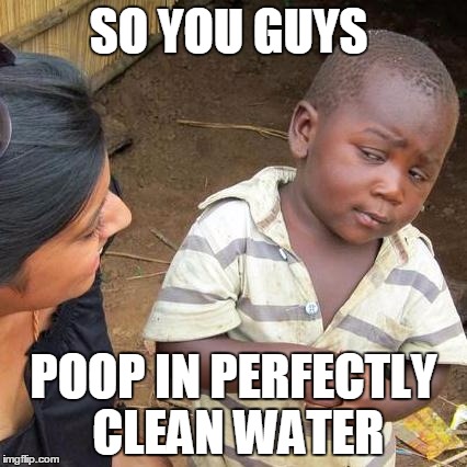 Third World Skeptical Kid Meme | SO YOU GUYS POOP IN PERFECTLY CLEAN WATER | image tagged in memes,third world skeptical kid | made w/ Imgflip meme maker