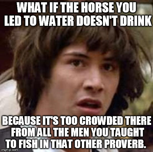 Conspiracy Keanu Meme | WHAT IF THE HORSE YOU LED TO WATER DOESN'T DRINK BECAUSE IT'S TOO CROWDED THERE FROM ALL THE MEN YOU TAUGHT TO FISH IN THAT OTHER PROVERB. | image tagged in memes,conspiracy keanu | made w/ Imgflip meme maker