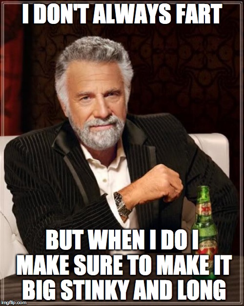 The Most Interesting Man In The World | I DON'T ALWAYS FART BUT WHEN I DO I MAKE SURE TO MAKE IT BIG STINKY AND LONG | image tagged in memes,the most interesting man in the world,stinky,long,farts,big | made w/ Imgflip meme maker