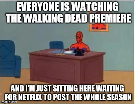 Spiderman Computer Desk | EVERYONE IS WATCHING THE WALKING DEAD PREMIERE AND I'M JUST SITTING HERE WAITING FOR NETFLIX TO POST THE WHOLE SEASON | image tagged in memes,spiderman computer desk,spiderman,funny | made w/ Imgflip meme maker