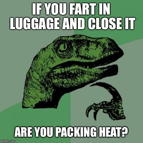 Philosoraptor Meme | IF YOU FART IN LUGGAGE AND CLOSE IT ARE YOU PACKING HEAT? | image tagged in memes,philosoraptor | made w/ Imgflip meme maker