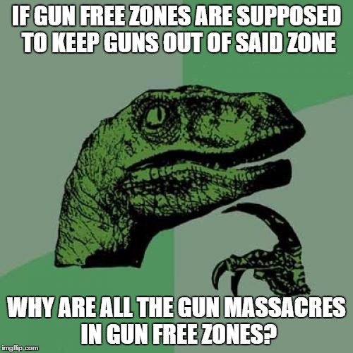 Philosoraptor | IF GUN FREE ZONES ARE SUPPOSED TO KEEP GUNS OUT OF SAID ZONE WHY ARE ALL THE GUN MASSACRES IN GUN FREE ZONES? | image tagged in memes,philosoraptor | made w/ Imgflip meme maker