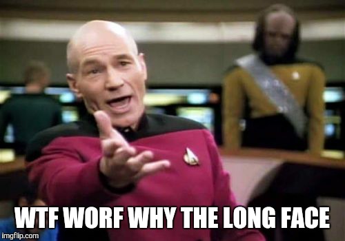 Picard Wtf Meme | WTF WORF WHY THE LONG FACE | image tagged in memes,picard wtf | made w/ Imgflip meme maker
