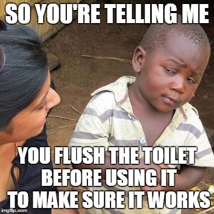Third World Skeptical Kid | SO YOU'RE TELLING ME YOU FLUSH THE TOILET BEFORE USING IT TO MAKE SURE IT WORKS | image tagged in memes,third world skeptical kid | made w/ Imgflip meme maker