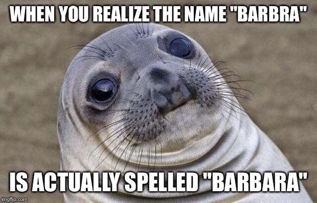 Awkward Moment Sealion Meme | WHEN YOU REALIZE THE NAME "BARBRA" IS ACTUALLY SPELLED "BARBARA" | image tagged in memes,awkward moment sealion | made w/ Imgflip meme maker