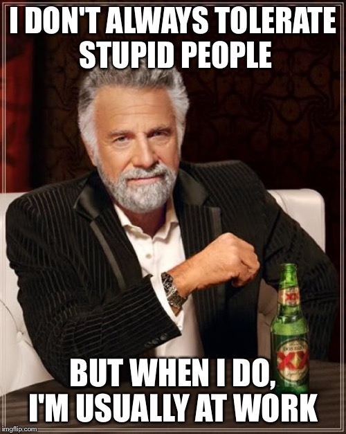 The Most Interesting Man In The World | I DON'T ALWAYS TOLERATE STUPID PEOPLE BUT WHEN I DO, I'M USUALLY AT WORK | image tagged in memes,the most interesting man in the world | made w/ Imgflip meme maker