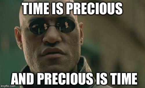 Matrix Morpheus Meme | TIME IS PRECIOUS AND PRECIOUS IS TIME | image tagged in memes,matrix morpheus | made w/ Imgflip meme maker