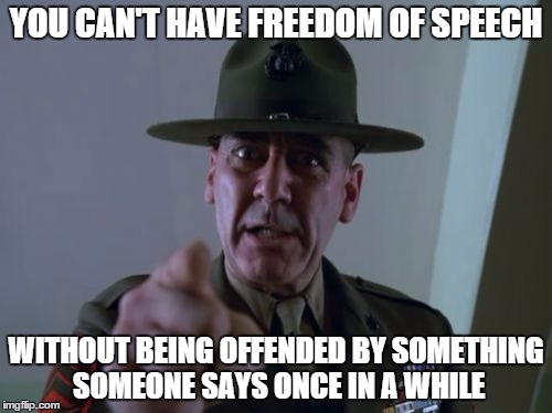 Freedom of Speech | YOU CAN'T HAVE FREEDOM OF SPEECH WITHOUT BEING OFFENDED BY SOMETHING SOMEONE SAYS ONCE IN A WHILE | image tagged in memes,sergeant hartmann | made w/ Imgflip meme maker