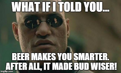 Matrix Morpheus Meme | WHAT IF I TOLD YOU... BEER MAKES YOU SMARTER. AFTER ALL, IT MADE BUD WISER! | image tagged in memes,matrix morpheus | made w/ Imgflip meme maker