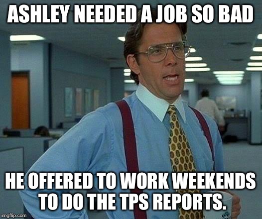 That Would Be Great Meme | ASHLEY NEEDED A JOB SO BAD HE OFFERED TO WORK WEEKENDS TO DO THE TPS REPORTS. | image tagged in memes,that would be great | made w/ Imgflip meme maker