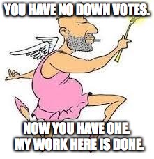 Downvote Fairy | YOU HAVE NO DOWN VOTES. NOW YOU HAVE ONE.  MY WORK HERE IS DONE. | image tagged in downvote fairy | made w/ Imgflip meme maker