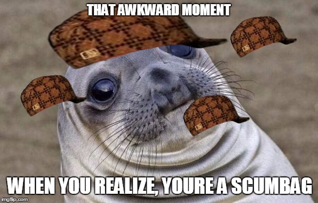 Awkward Moment Sealion Meme | THAT AWKWARD MOMENT WHEN YOU REALIZE, YOURE A SCUMBAG | image tagged in memes,awkward moment sealion,scumbag | made w/ Imgflip meme maker