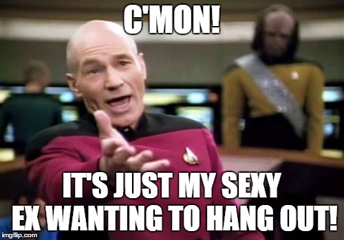Picard Wtf Meme | C'MON! IT'S JUST MY SEXY EX WANTING TO HANG OUT! | image tagged in memes,picard wtf | made w/ Imgflip meme maker