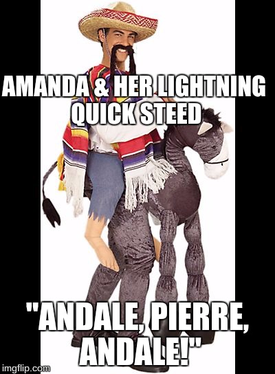 Mexican guy costume | AMANDA & HER LIGHTNING QUICK STEED "ANDALE, PIERRE, ANDALE!" | image tagged in mexican guy costume | made w/ Imgflip meme maker