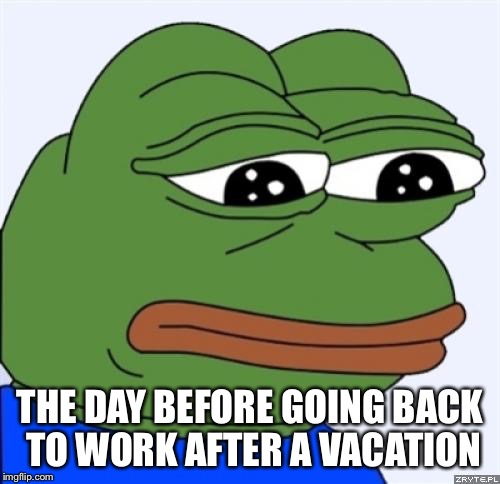 sad frog | THE DAY BEFORE GOING BACK TO WORK AFTER A VACATION | image tagged in sad frog | made w/ Imgflip meme maker