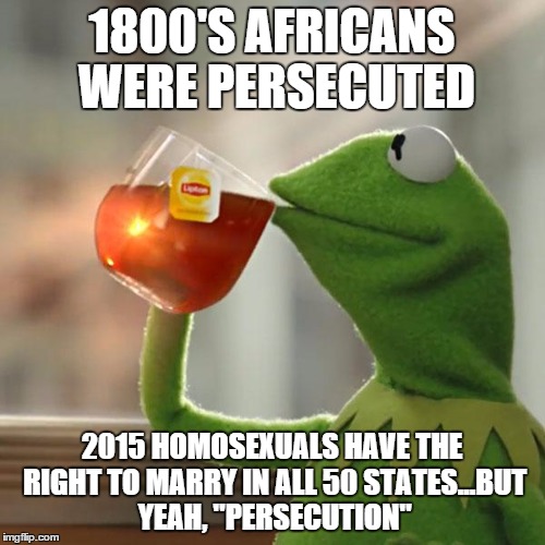 But That's None Of My Business Meme | 1800'S AFRICANS WERE PERSECUTED 2015 HOMOSEXUALS HAVE THE RIGHT TO MARRY IN ALL 50 STATES...BUT YEAH, "PERSECUTION" | image tagged in memes,but thats none of my business,kermit the frog | made w/ Imgflip meme maker