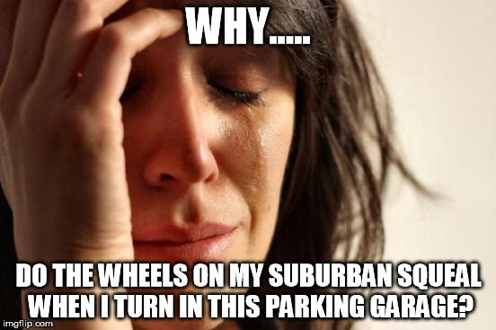 First World Problems Meme | WHY..... DO THE WHEELS ON MY SUBURBAN SQUEAL WHEN I TURN IN THIS PARKING GARAGE? | image tagged in memes,first world problems | made w/ Imgflip meme maker
