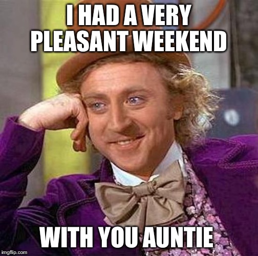 Creepy Condescending Wonka | I HAD A VERY PLEASANT WEEKEND WITH YOU AUNTIE | image tagged in memes,creepy condescending wonka | made w/ Imgflip meme maker