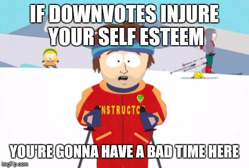 Helpful hint for the insecure | IF DOWNVOTES INJURE YOUR SELF ESTEEM YOU'RE GONNA HAVE A BAD TIME HERE | image tagged in memes,super cool ski instructor,downvote,self esteem | made w/ Imgflip meme maker