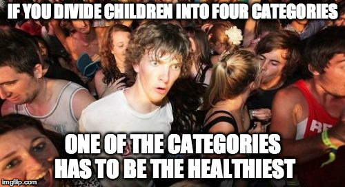 Sudden Clarity Clarence Meme | IF YOU DIVIDE CHILDREN INTO FOUR CATEGORIES ONE OF THE CATEGORIES HAS TO BE THE HEALTHIEST | image tagged in memes,sudden clarity clarence | made w/ Imgflip meme maker