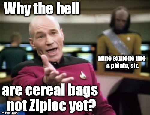 Remember when peanut butter came in glass jars? | Why the hell are cereal bags not Ziploc yet? Mine explode like a piñata, sir. | image tagged in piccard,memes,meme,so true memes,funny memes,funny meme | made w/ Imgflip meme maker