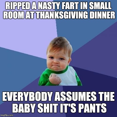 Success Kid | RIPPED A NASTY FART IN SMALL ROOM AT THANKSGIVING DINNER EVERYBODY ASSUMES THE BABY SHIT IT'S PANTS | image tagged in memes,success kid | made w/ Imgflip meme maker