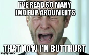 This is not aimed at ANYONE...it's just a joke.  | I'VE READ SO MANY IMGFLIP ARGUMENTS THAT NOW I'M BUTTHURT | image tagged in crying man,butthurt,crying,funny,imgflip | made w/ Imgflip meme maker