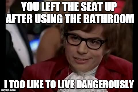 I Too Like To Live Dangerously | YOU LEFT THE SEAT UP AFTER USING THE BATHROOM I TOO LIKE TO LIVE DANGEROUSLY | image tagged in memes,i too like to live dangerously | made w/ Imgflip meme maker