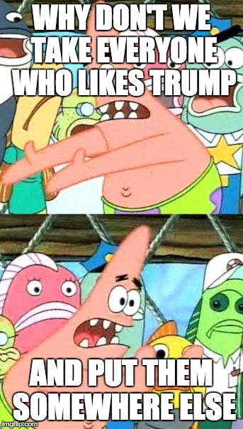 Put It Somewhere Else Patrick | WHY DON'T WE TAKE EVERYONE WHO LIKES TRUMP AND PUT THEM SOMEWHERE ELSE | image tagged in memes,put it somewhere else patrick | made w/ Imgflip meme maker