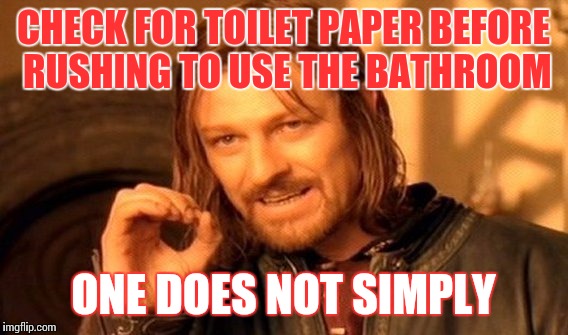 One Does Not Simply | CHECK FOR TOILET PAPER BEFORE RUSHING TO USE THE BATHROOM ONE DOES NOT SIMPLY | image tagged in memes,one does not simply | made w/ Imgflip meme maker