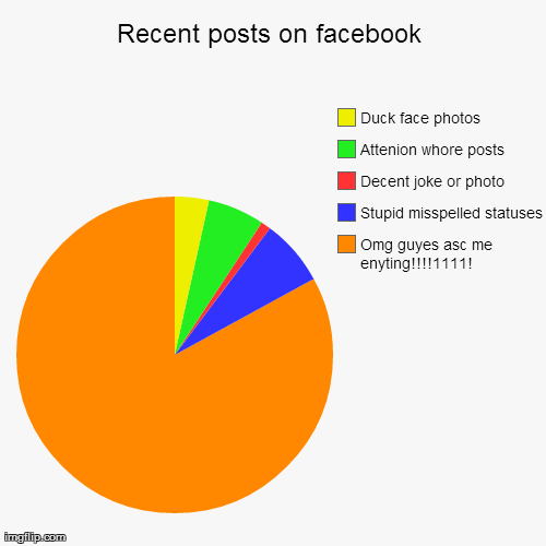 Recent posts on facebook Omg guyes asc me enyting!!!!1111! Stupid misspelled statuses Decent joke or photo Attenion whore posts Duck face ph | image tagged in funny,pie charts | made w/ Imgflip chart maker