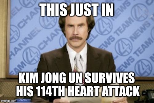 Ron Burgundy Meme | THIS JUST IN KIM JONG UN SURVIVES HIS 114TH HEART ATTACK | image tagged in memes,ron burgundy | made w/ Imgflip meme maker