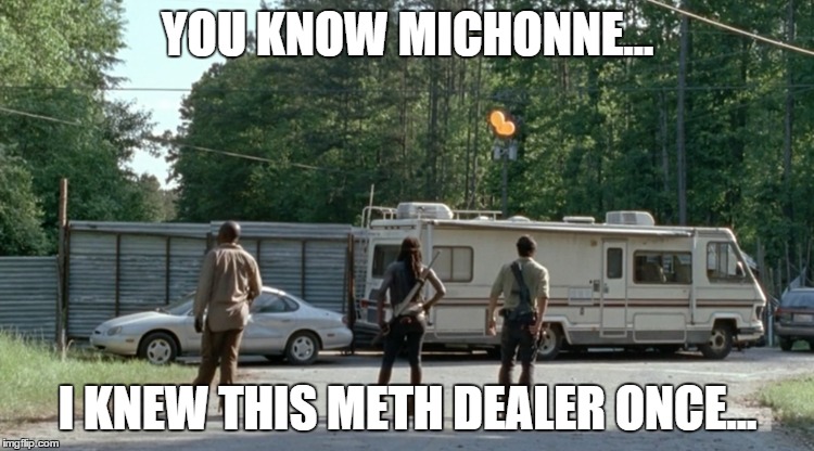 TWD featuring BB RV | YOU KNOW MICHONNE... I KNEW THIS METH DEALER ONCE... | image tagged in twd,breaking bad rv | made w/ Imgflip meme maker