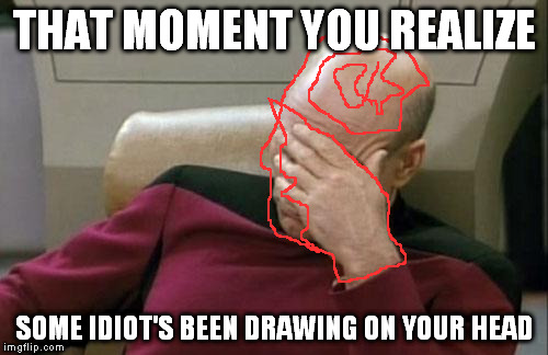 Captain Picard Facepalm | THAT MOMENT YOU REALIZE SOME IDIOT'S BEEN DRAWING ON YOUR HEAD | image tagged in memes,captain picard facepalm | made w/ Imgflip meme maker