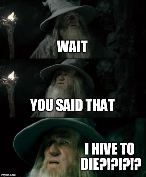 Confused Gandalf | WAIT YOU SAID THAT I HIVE TO DIE?!?!?!? | image tagged in memes,confused gandalf | made w/ Imgflip meme maker