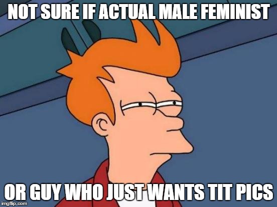 Futurama Fry | NOT SURE IF ACTUAL MALE FEMINIST OR GUY WHO JUST WANTS TIT PICS | image tagged in memes,futurama fry | made w/ Imgflip meme maker