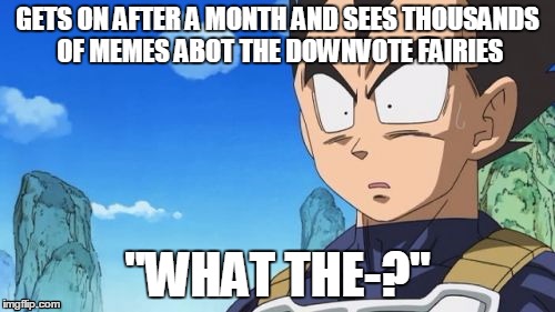 Surprized Vegeta | GETS ON AFTER A MONTH AND SEES THOUSANDS OF MEMES ABOT THE DOWNVOTE FAIRIES "WHAT THE-?" | image tagged in memes,surprized vegeta | made w/ Imgflip meme maker