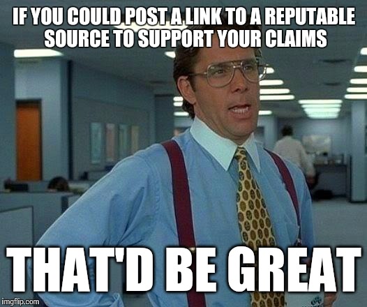 When disputing statements of fact... | IF YOU COULD POST A LINK TO A REPUTABLE SOURCE TO SUPPORT YOUR CLAIMS THAT'D BE GREAT | image tagged in memes,that would be great,your argument is invalid,AdviceAnimals | made w/ Imgflip meme maker