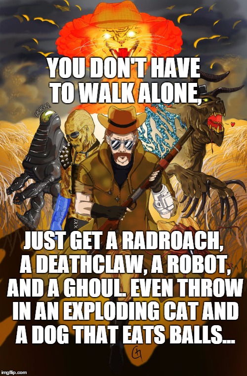 Don't Walk Alone.. | YOU DON'T HAVE TO WALK ALONE, JUST GET A RADROACH, A DEATHCLAW, A ROBOT, AND A GHOUL. EVEN THROW IN AN EXPLODING CAT AND A DOG THAT EATS BAL | image tagged in fallout 4,fallout 3 | made w/ Imgflip meme maker