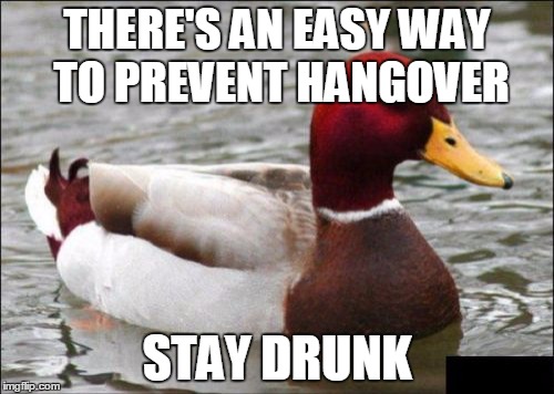 Go ahead! Try it out! | THERE'S AN EASY WAY TO PREVENT HANGOVER STAY DRUNK | image tagged in memes,malicious advice mallard | made w/ Imgflip meme maker