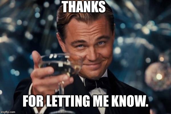 Leonardo Dicaprio Cheers Meme | THANKS FOR LETTING ME KNOW. | image tagged in memes,leonardo dicaprio cheers | made w/ Imgflip meme maker