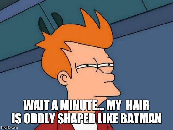 Futurama Fry | WAIT A MINUTE... MY  HAIR IS ODDLY SHAPED LIKE BATMAN | image tagged in memes,futurama fry | made w/ Imgflip meme maker
