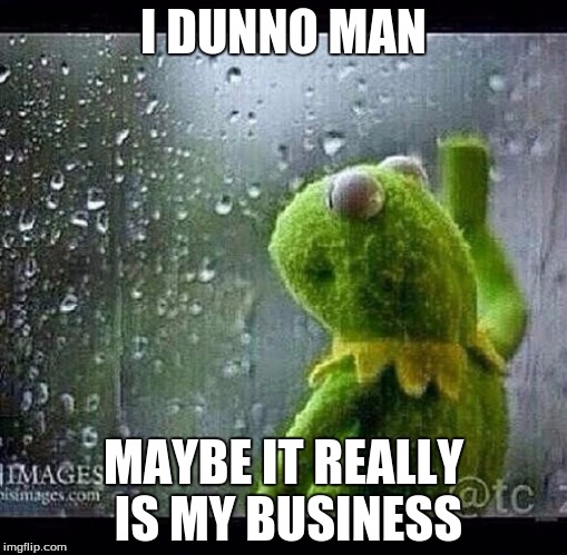 Kermit | I DUNNO MAN MAYBE IT REALLY IS MY BUSINESS | image tagged in kermit | made w/ Imgflip meme maker