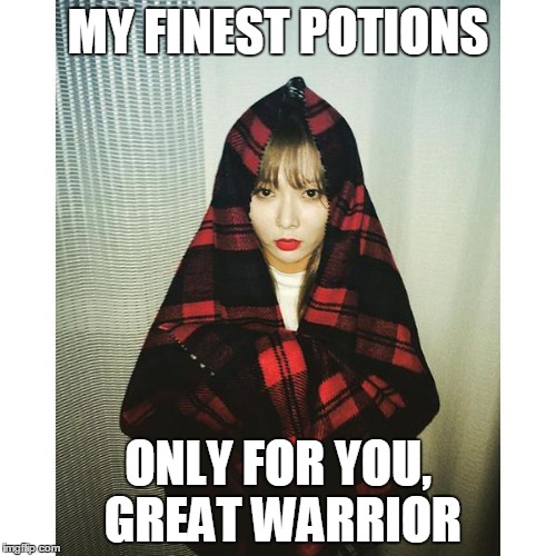 NPC Hyunah has the finest potions for sale | MY FINEST POTIONS ONLY FOR YOU, GREAT WARRIOR | image tagged in 4minute,hyunah,hyuna,potions,npc,mmorpg | made w/ Imgflip meme maker