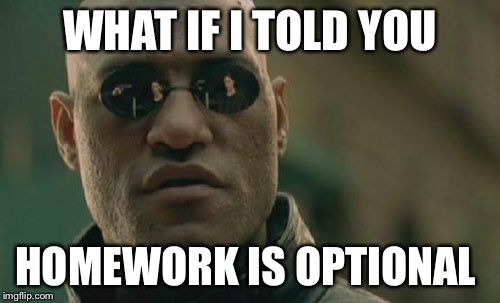 Matrix Morpheus Meme | WHAT IF I TOLD YOU HOMEWORK IS OPTIONAL | image tagged in memes,matrix morpheus | made w/ Imgflip meme maker